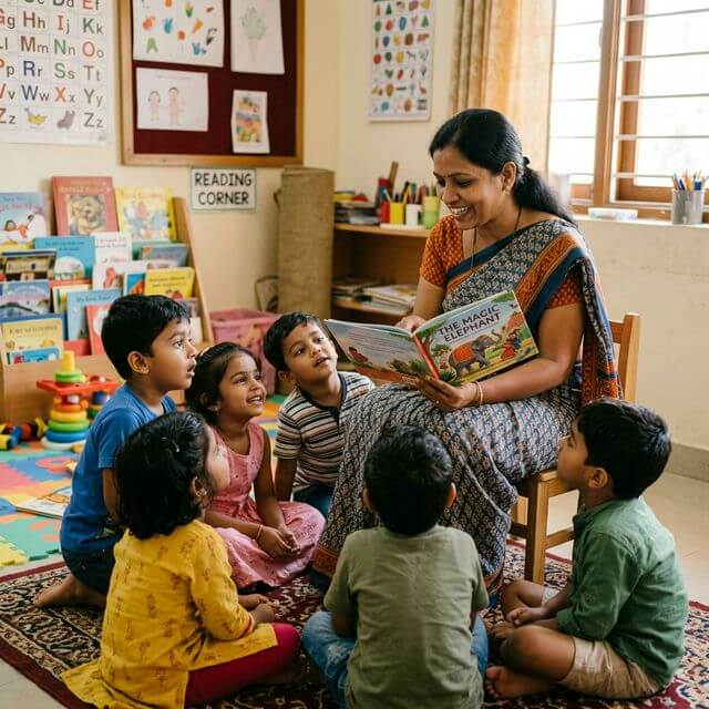 A teacher telling a story to early learners