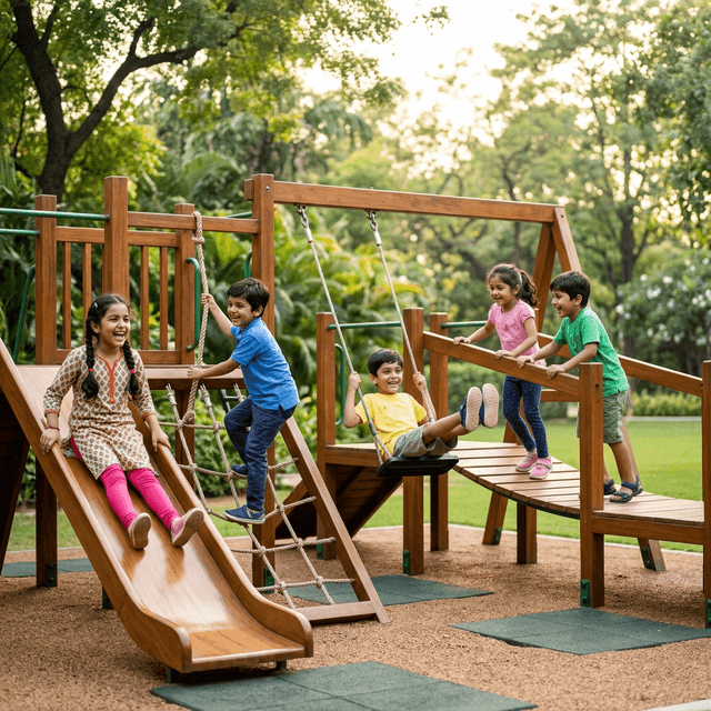 Indian children playing outdoors in a sunlit playground