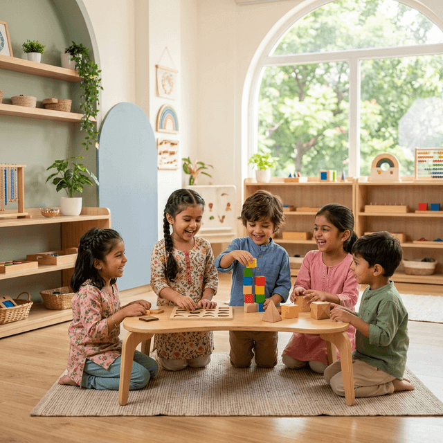 Indian children joyfully learning and playing together in our sunlit Montessori-inspired classroom